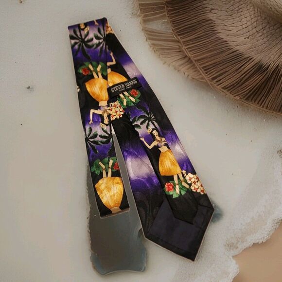 Steven Harris Mens Hula Dancer Hawaii Palm Tree Sunset Beach Tie Hand Made - Picture 2 of 14